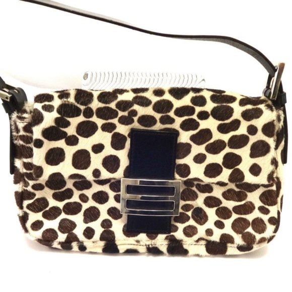BROWN & WHITE ANIMAL HAIR SHOULDER BAG BLACK LEATHER ACCENT W/SILVER CLASP-NEW!! - Picture 1 of 3